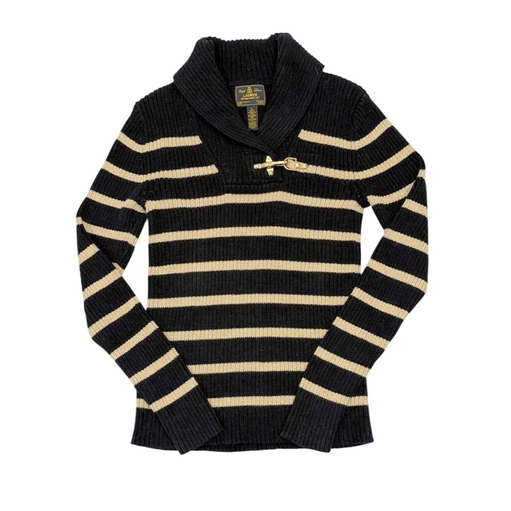 Lauren Ralph Lauren Womens S Black Gold Metallic Stripe Cotton Sweater Horsebit